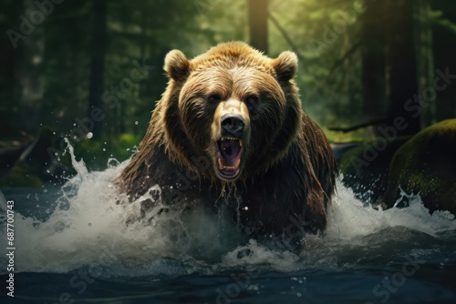 big brown angry bear in water © Christiankhs