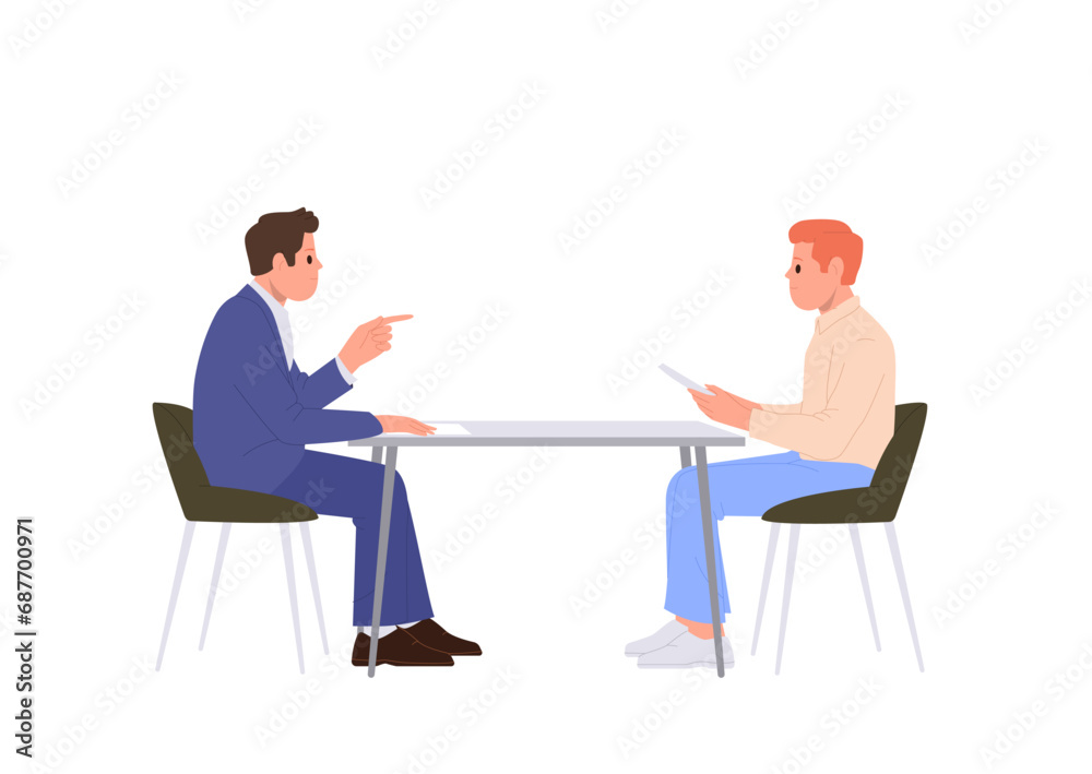 Two people male cartoon characters sitting at table having nice conversation isolated on white