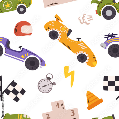 Lively Seamless Pattern Featuring Vibrant Race Cars Speeding Across The Design, Creating An Energetic And Dynamic Tile