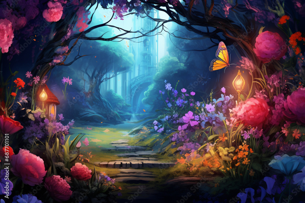 Fototapeta premium scene, world, foggy forest with blooming flowers