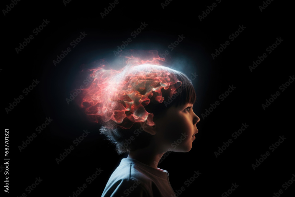 An image of a kid with bright lights emanating from the brain region on a black backdrop, symbolizing the diversity of neural connections