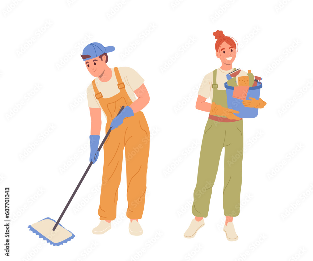 Man and woman worker cartoon characters with buckets and mop, cleaning company service staff Man and woman worker cartoon characters with buckets and mop, cleaning company service staff
