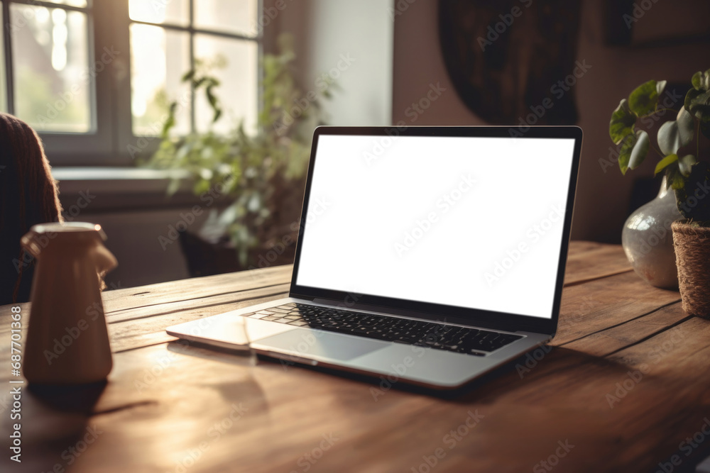 Mockup of open laptop with white screen on wooden table indoor room Mockup of open laptop with white screen on wooden table indoor room
