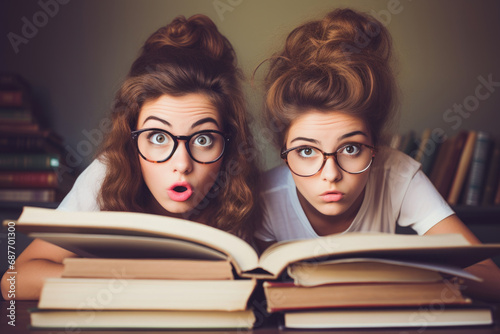 Scholarly Dismay: Two female students, both young and bespectacled, are shocked by the sight of countless books. Preparing rigorously for exams, fully immersed in their studies photo