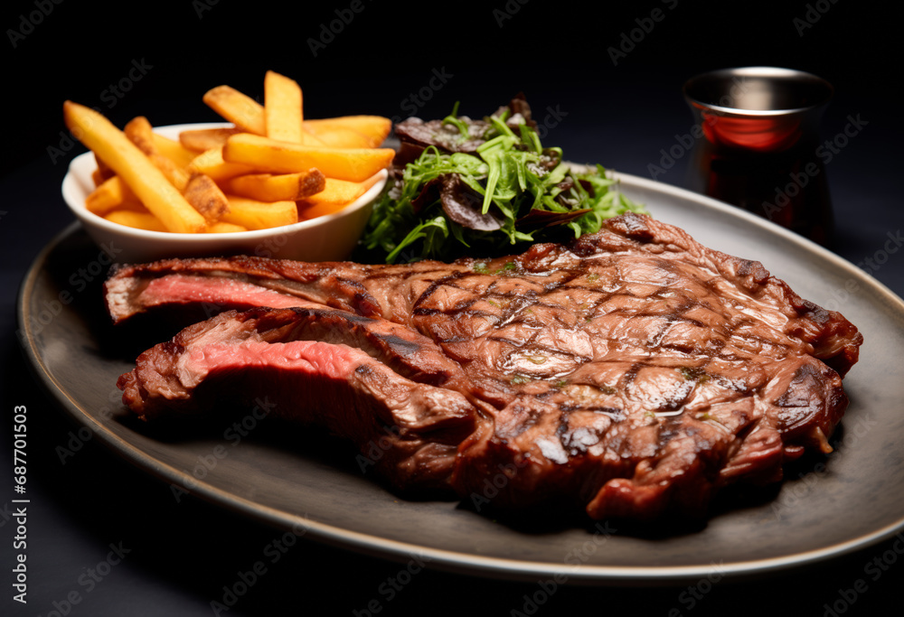 Closeup view of Entrecote steak on plate. Slices of juicy beef steak or angus steak