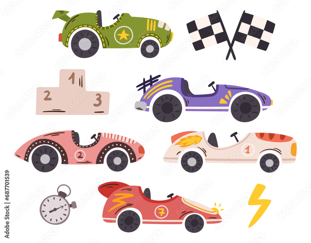 Naklejka premium Dynamic Set Of Race Cars, Adorned With Vibrant Colors, Zoom Around The Racing Track With Roaring Engines