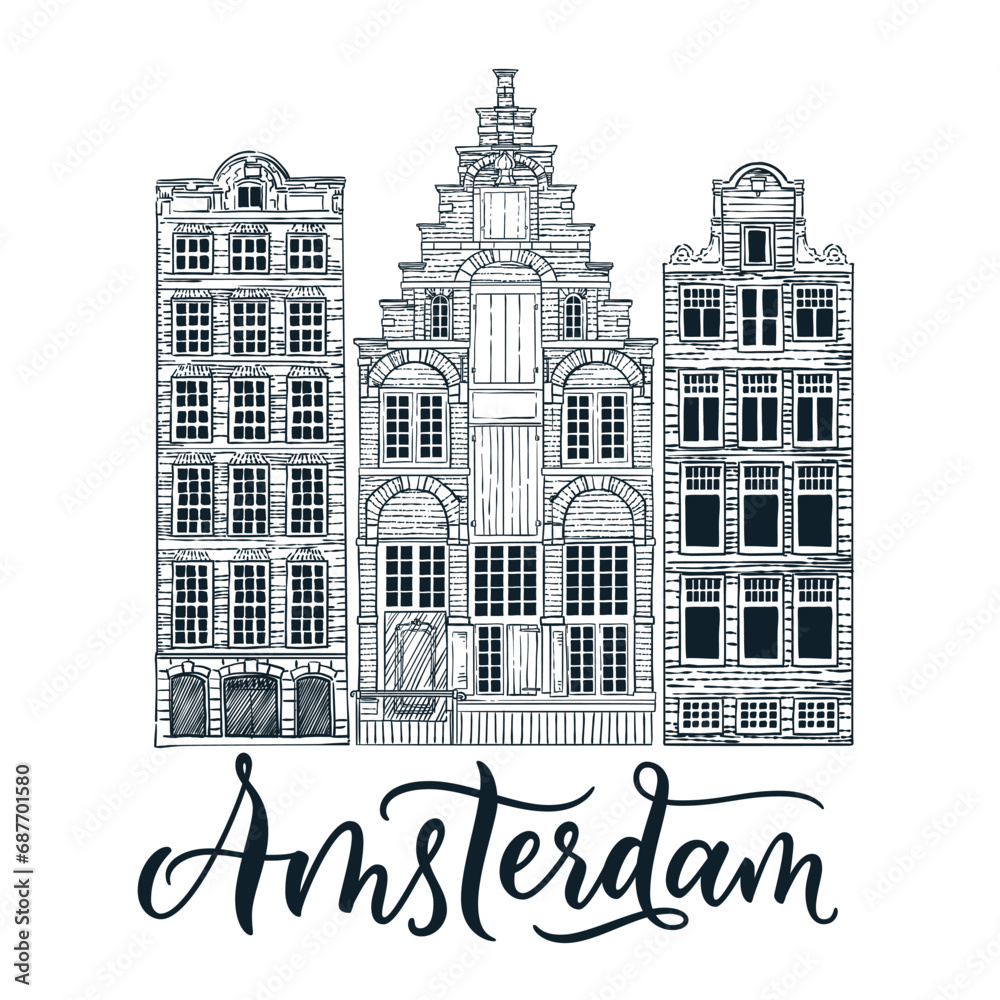 Amsterdam old city buildings and hand drawn calligraphy lettering. Vector doodle sketch Netherlands illustration