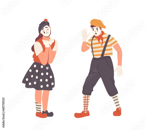 Man and woman mime cartoon characters performing street comedy pantomime isolated on white