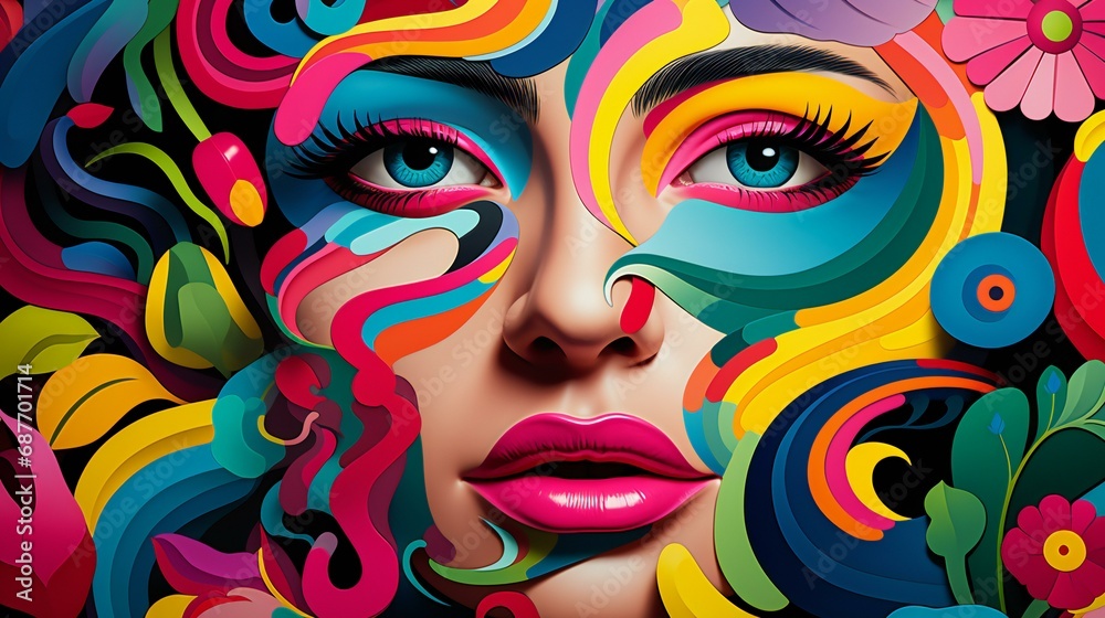 An artistic portrait of a woman showcasing colorful makeup and fashion elements, creating a vibrant and stylish composition