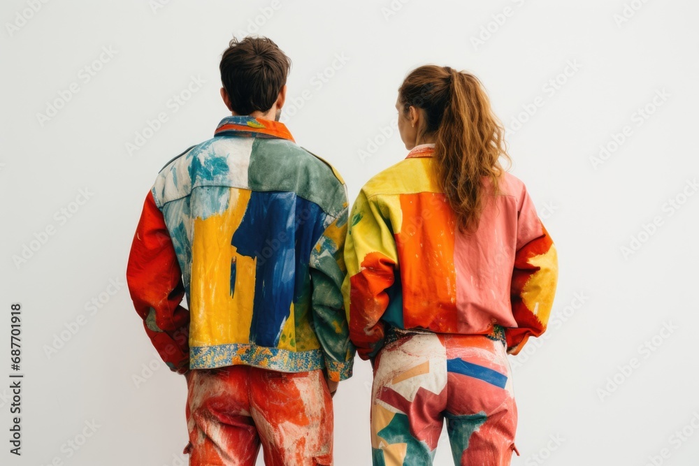 Backward-facing couple in a spectrum of colors, standing against a white background a vivid symbol of unity