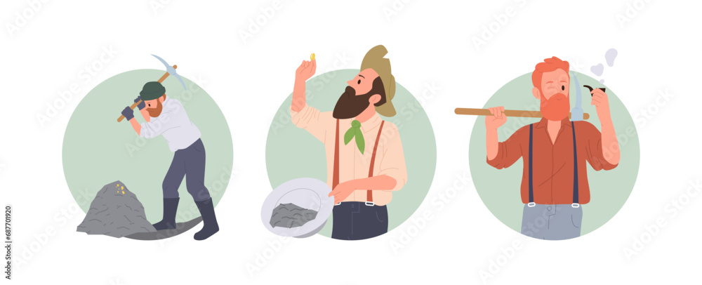 Isolated round icon composition set with happy successful miner, gold digger character finding ore