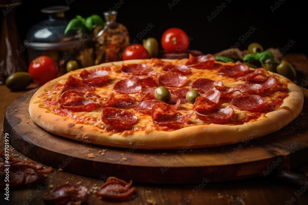 Pepperoni pizza excellence against a dark setting, an appetizing portrayal of the timeless allure of traditional Italian gastronomy