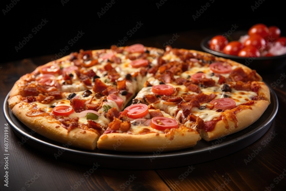Succulent pepperoni pizza against a dark canvas, a culinary masterpiece that elevates the essence of Italian gastronomy
