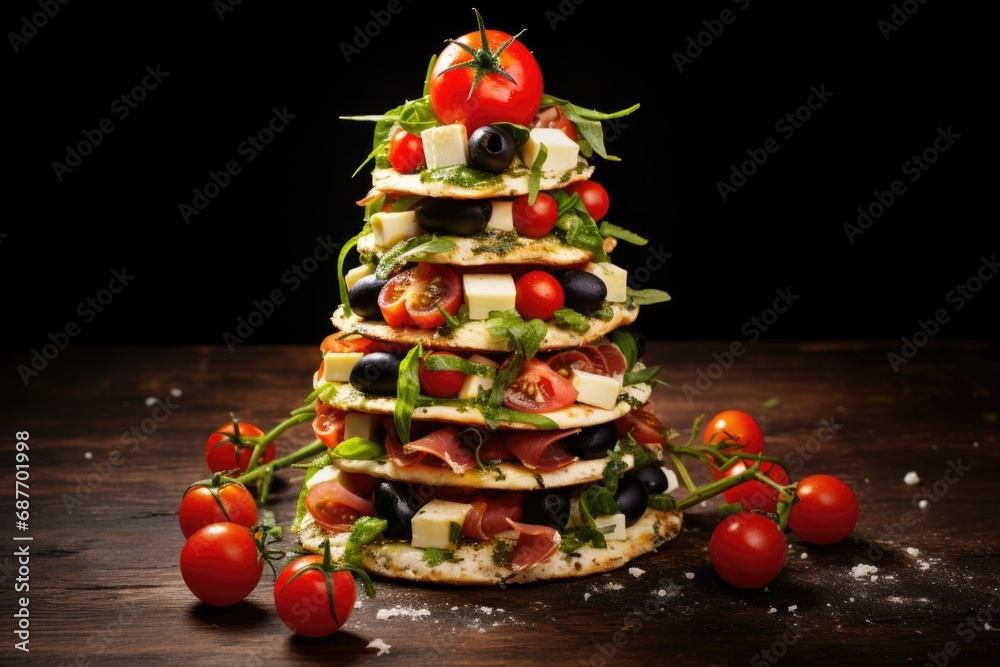 Yuletide delight captured: a pizza crafted as a Christmas tree, decked with delicious ingredients, a tasty symbol of holiday cheer Yuletide delight captured: a pizza crafted as a Christmas tree, decked with delicious ingredients, a tasty symbol of holiday cheer