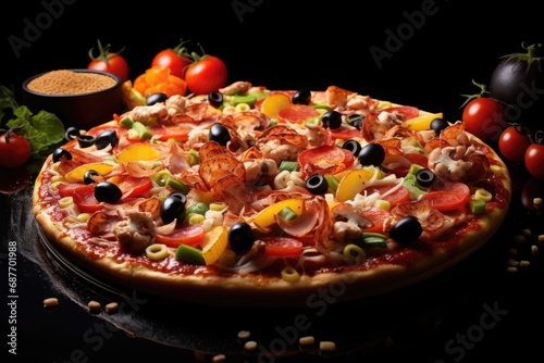 A tempting pizza featuring olives and vibrant greens, set against a rich, dark background, an irresistible culinary masterpiece