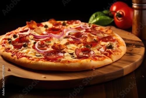 A luscious image of pepperoni pizza against a dark canvas, a gastronomic journey through the rich and authentic flavors of Italy