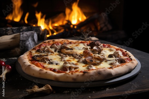 photo of Italian pizza against the backdrop of a burning fireplace