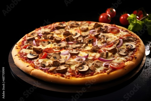 Mouthwatering pizza on a dark canvas, a tantalizing symphony of flavors that emerges from the obscurity