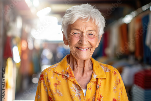 An elderly woman wearing a yellow shirt smiles for the camera
