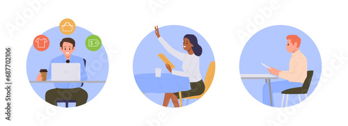 Composition set with diverse people client cartoon character at restaurant, online shop store, bank