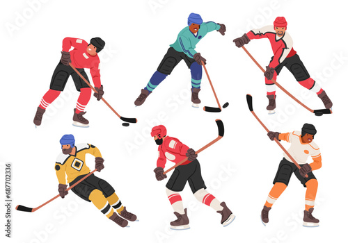Swift Hockey Players On Ice. Characters Clad In Vibrant Jerseys, Fiercely Pursue The Puck. Sticks Clash, Faces Masked
