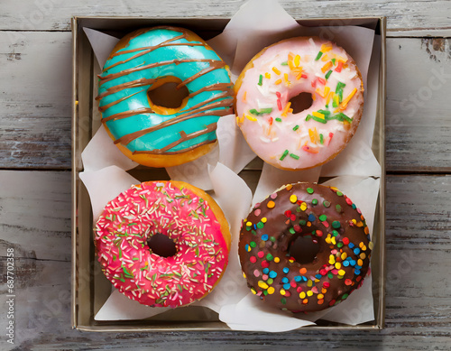 Selection of donuts in box with icing and sprinkles