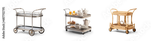 set collection of serving trolley tray cart for hospitality and catering butler and restaurant service in metallic chrome steel metals and rattan straw modern garden finish for home decoration photo