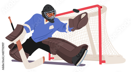 Fierce Hockey Goalkeeper, Adorned In Colorful Gear, Catching The Puck, Character Guards The Net With Unwavering Focus