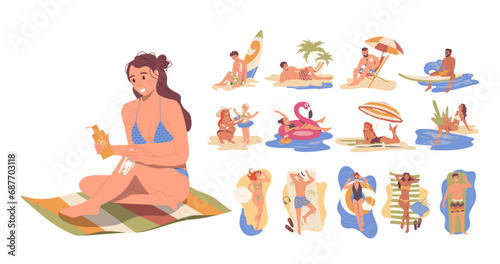 Diverse people cartoon characters isolated set resting on beach, sunbathing swimming, surfing