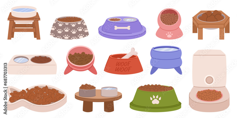 Set Of Pet Food Bowls, Featuring Various Sizes And Colors. Durable Plates Are Adorned With Playful Paw Prints