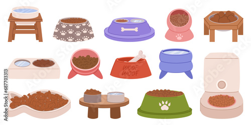 Set Of Pet Food Bowls, Featuring Various Sizes And Colors. Durable Plates Are Adorned With Playful Paw Prints