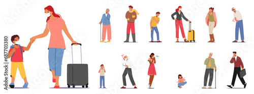 Set of People Feeling Unwell. Children, Oldies and Adult Characters Travel and Walk with Face Masks Vector Illustration
