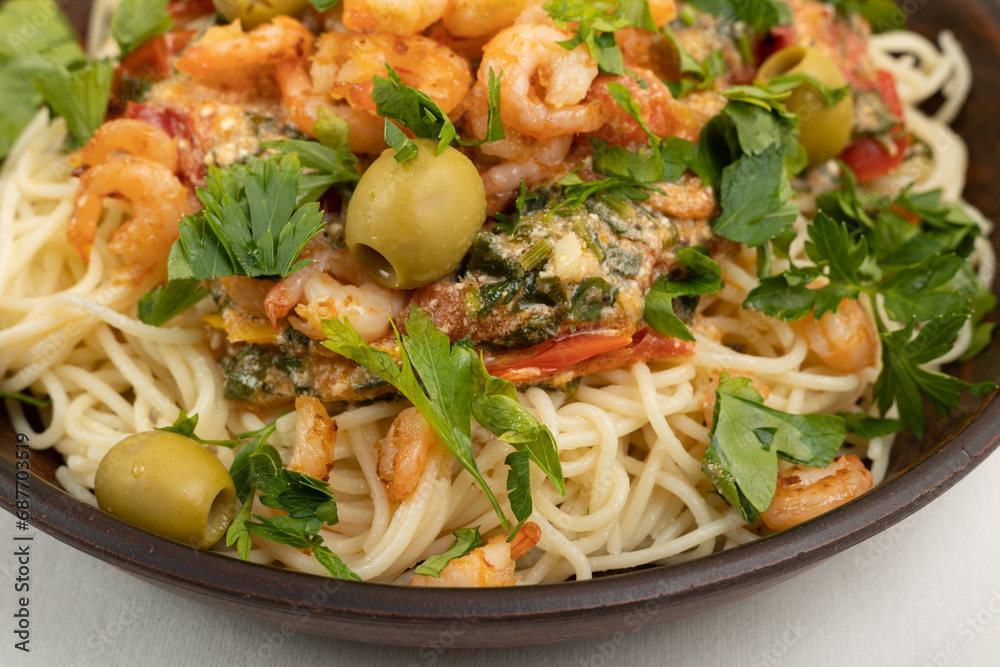 Pasta with shrimp and vegetables close-up Pasta with shrimp and vegetables close-up