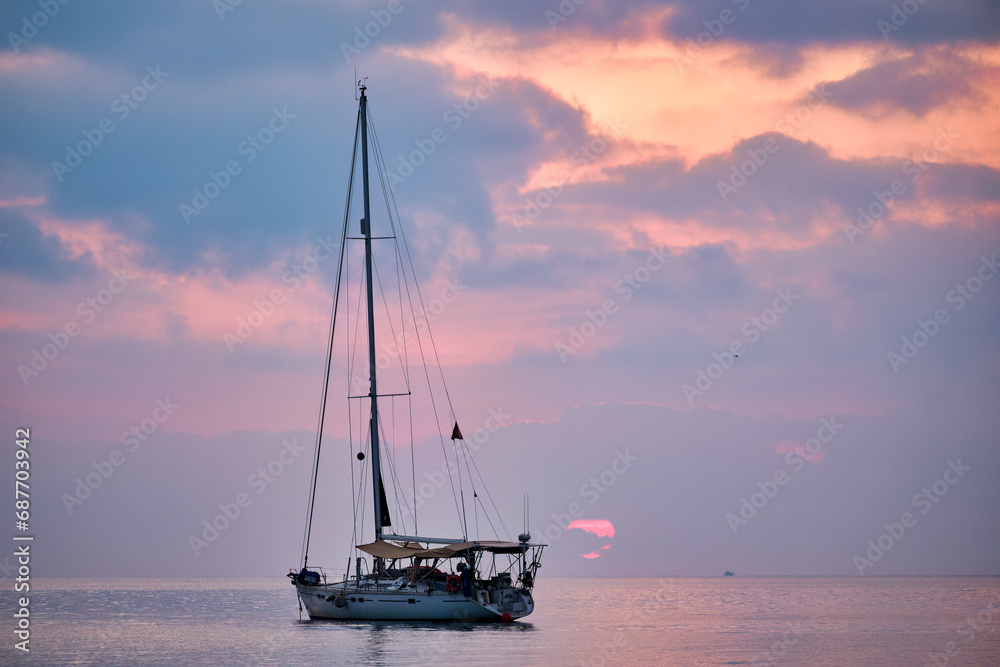 A sailboat rests during sunrise on the coast of Peñiscola.