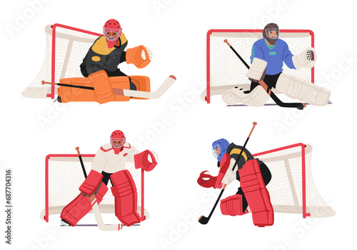 Hockey Goalkeepers In Vibrant Gear, Fiercely Guard The Net With Lightning Reflexes. Their Masks Conceal Determination