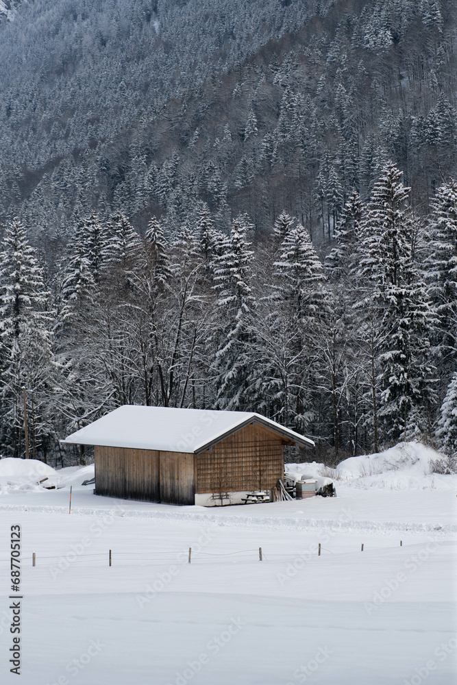 Hütte in einer Schneelandschaft 