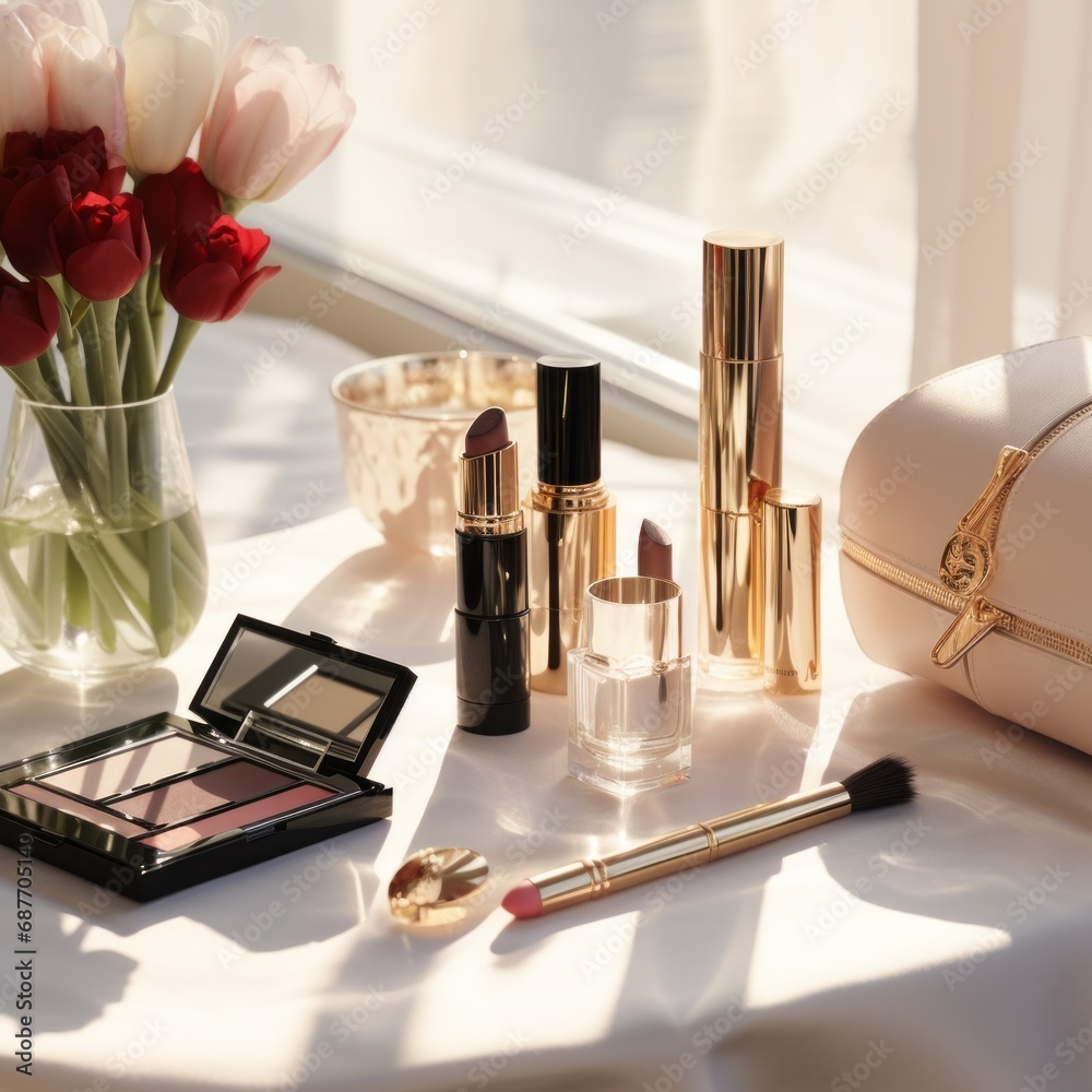 Fresh tulips accompany an array of cosmetic products on a sun-kissed table, symbolizing beauty and care - obrazy, fototapety, plakaty 
