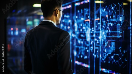 Technology and digital business concept with a man working on a computer, representing innovation, connectivity, and data analysis in a futuristic setting