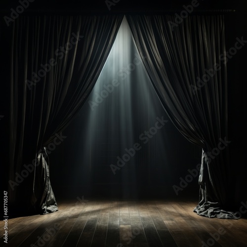 Beams of light shine through partially opened theater curtains onto a dark stage, suggesting an imminent show