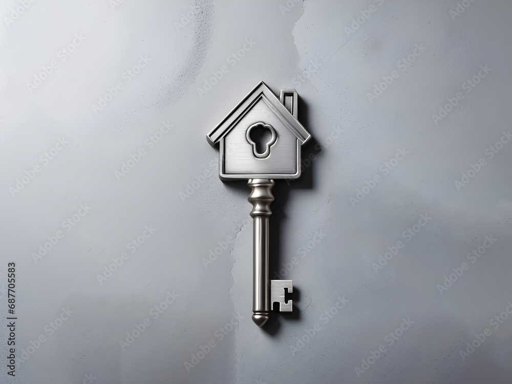 silver key in the shape of house on concrete background silver key in the shape of house on concrete background