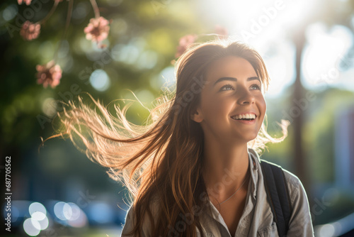 A woman is smiling with her hair blowing in the wind