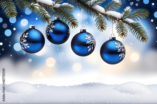 3 dark blue balls on a Christmas tree branch on a blue background with bokeh