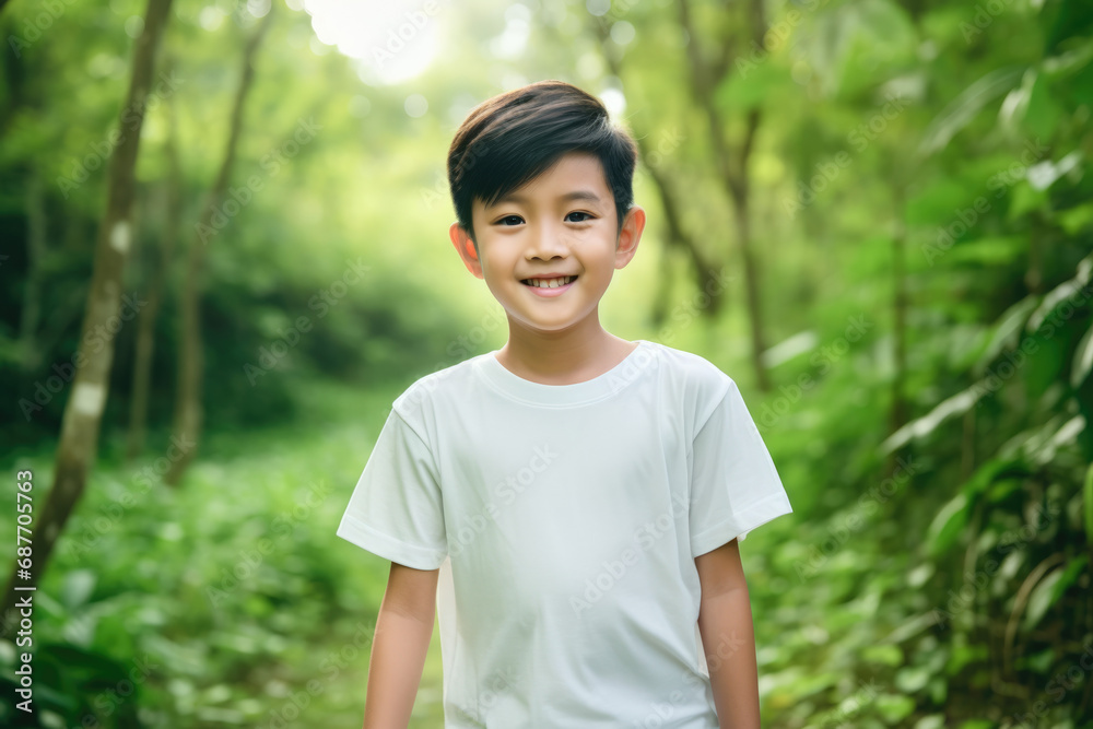 A young boy in a white shirt stands in a forest A young boy in a white shirt stands in a forest