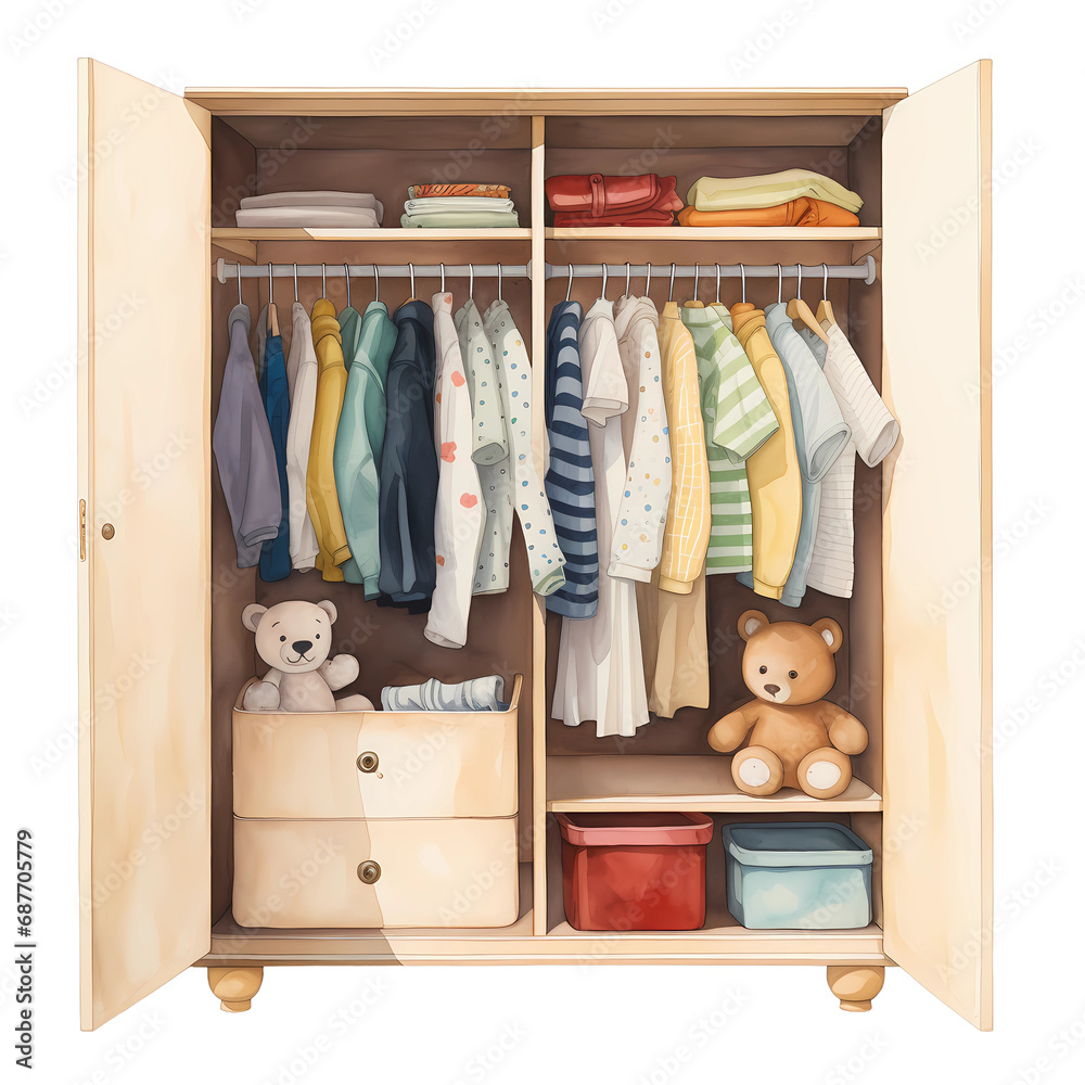 open wardrobe with neatly organized children's clothing and toys on a simple light background