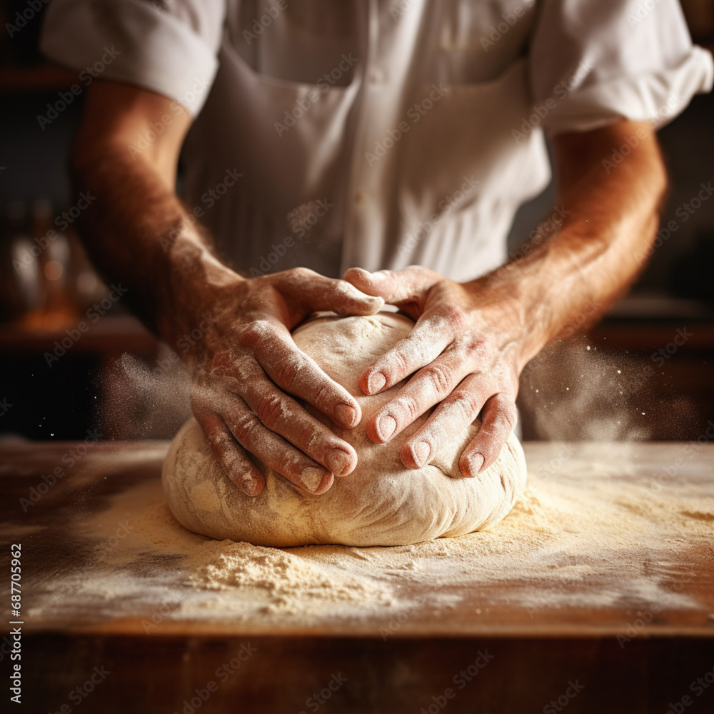 Baker's hands kneading bread.