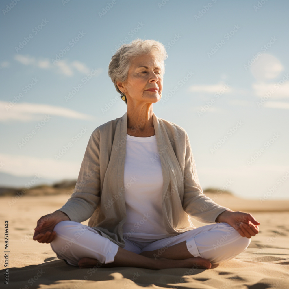 Senior woman meditating on the beach.