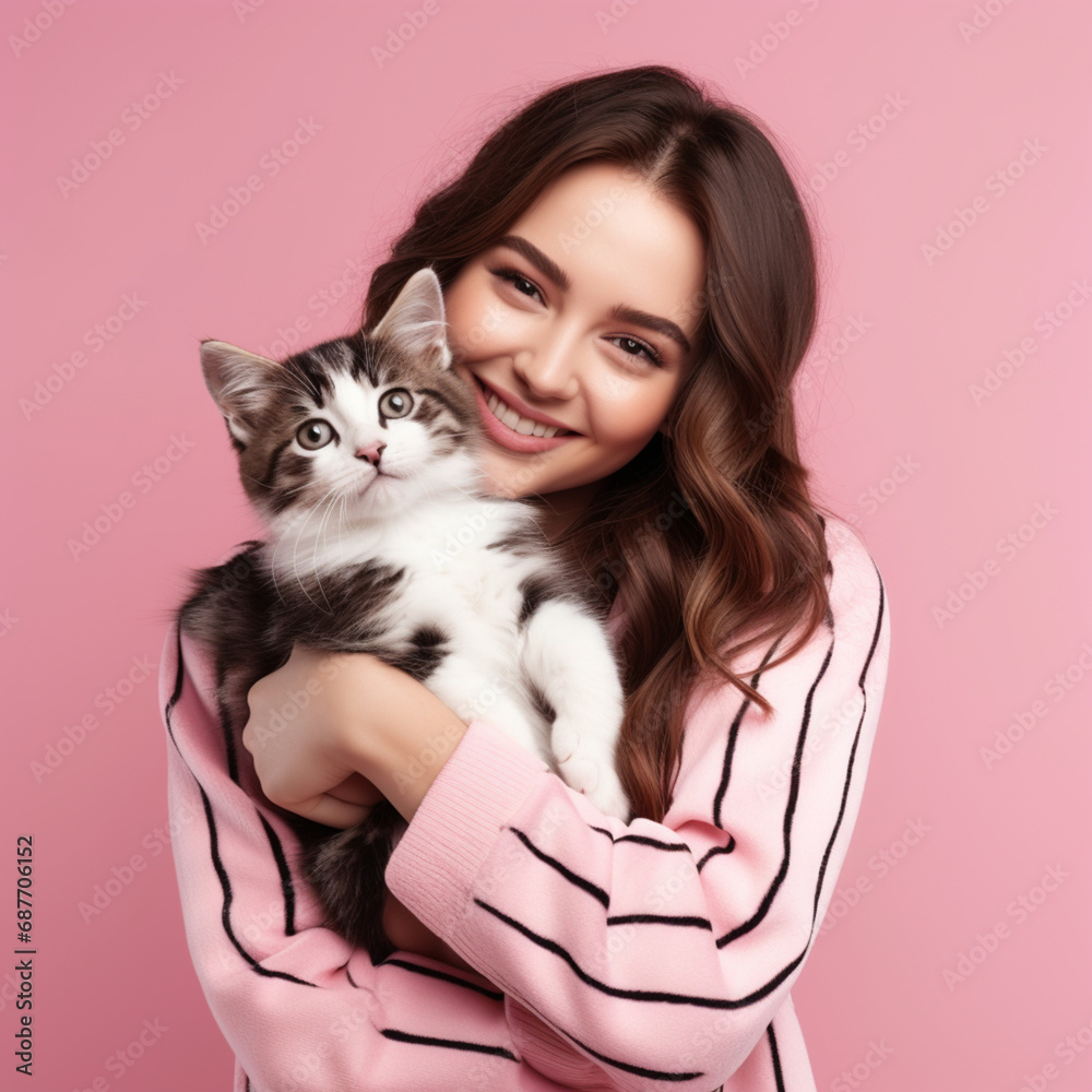 Happy girl hugging her cat on a pink background. Happy girl hugging her cat on a pink background.