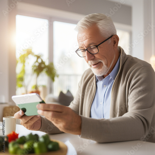 Senior man shopping online with his tablet and credit card at home.