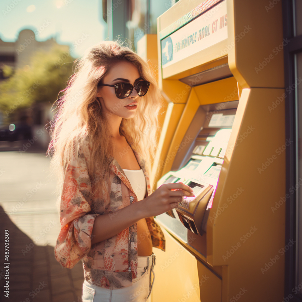 Woman using an ATM in the city. Woman using an ATM in the city.