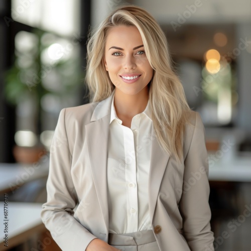 beautiful smiling business woman with blond hair in a light oversize suit posing in the style of a business photo shot, white beige and gray Free Download beautiful smiling business woman with blond hair in a light oversize suit posing in the style of a business photo shot, white beige and gray - GFXLoad